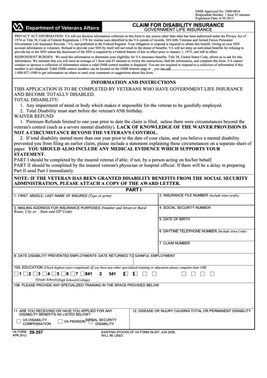 Fillable Va Form 29-357 - Claim For Disability Insurance Printable pdf