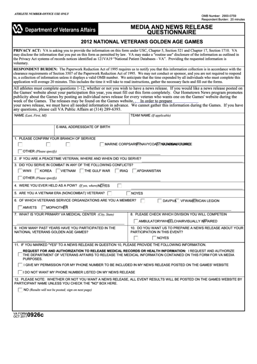 Fillable Va Form 0926c - National Veterans Golden Age Games Media And News Release Questionnaire - 2012 Printable pdf