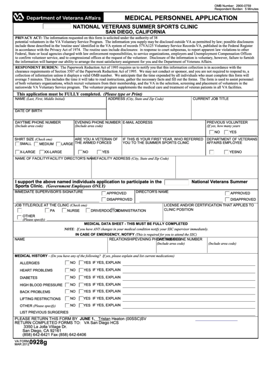 Fillable Va Form 0928g - Medical Personnel Application Printable pdf