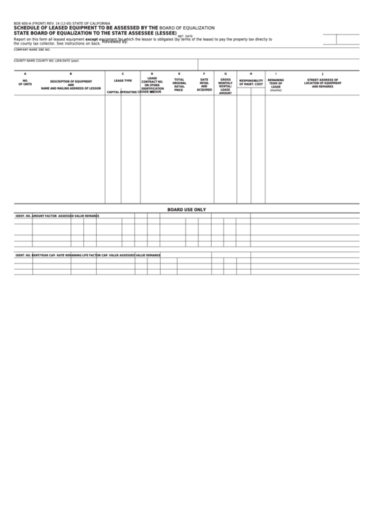 Fillable Form Boe-600-A - Schedule Of Leased Equipment To Be Assessed By The State Board Of Equalization To The State Assessee (Lessee) Printable pdf