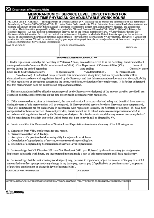 Va Form 0880a - Memorandum Of Service Level Expectations For Part-Time Physician On Adjustable Work Hours Printable pdf