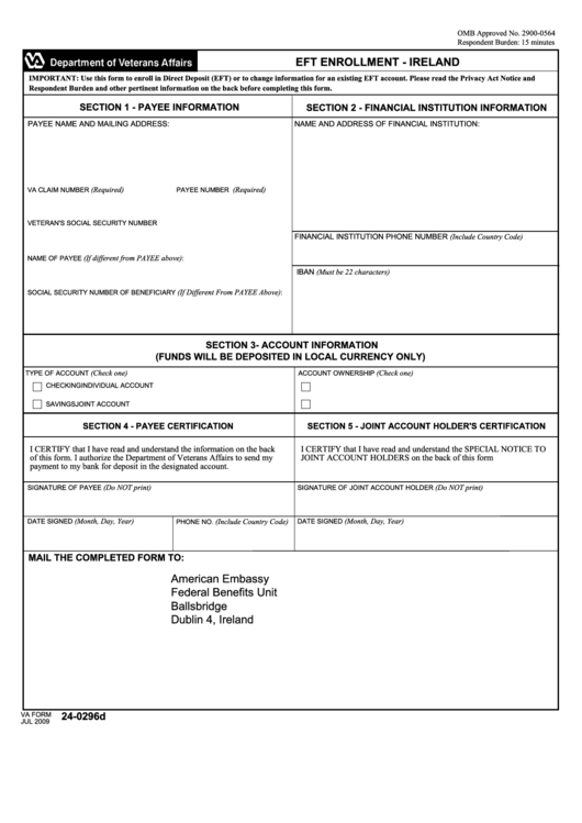 Va Form 24-0296d - Eft Enrollment - Ireland