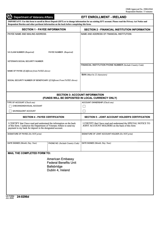 Fillable Va Form 24 0296d Eft Enrollment Ireland Printable Pdf Download