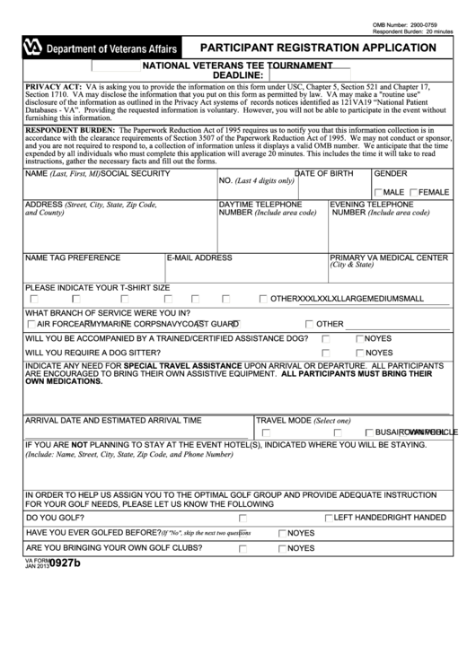 Fillable Va Form 0927b - Participant Registration Application Printable pdf