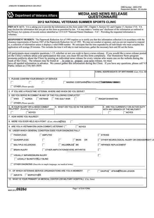 Fillable Va Form 0928d - National Veterans Summer Sports Clinic Media And News Release Questionnaire - 2012 Printable pdf