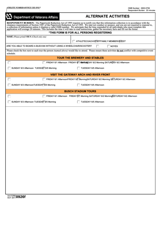 Fillable Va Form 0926f - Alternate Activities Printable pdf