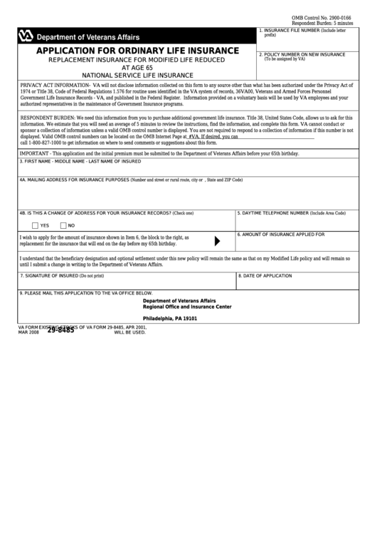 Fillable Va Form 29-8485 - Application For Ordinary Life Insurance Printable pdf