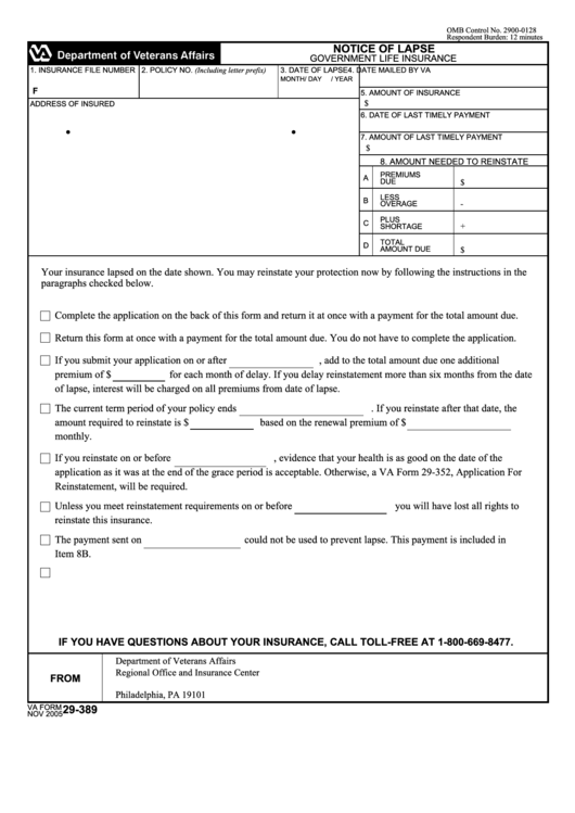 Fillable Va Form 29-389 - Notice Of Lapse Printable pdf