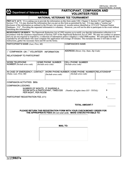 Fillable Va Form 0927e - Participant, Companion And Volunteer Fees Printable pdf