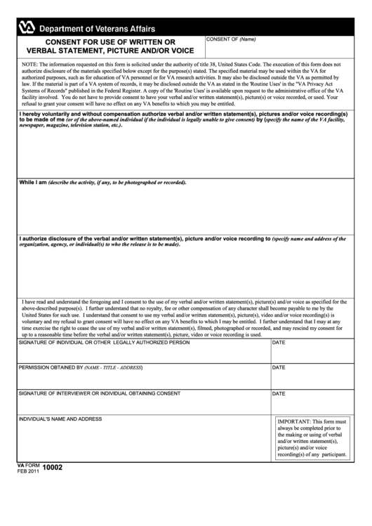 Fillable Va Form 10002 - Consent For Use Of Written Or Verbal Statement, Picture And/or Voice Printable pdf