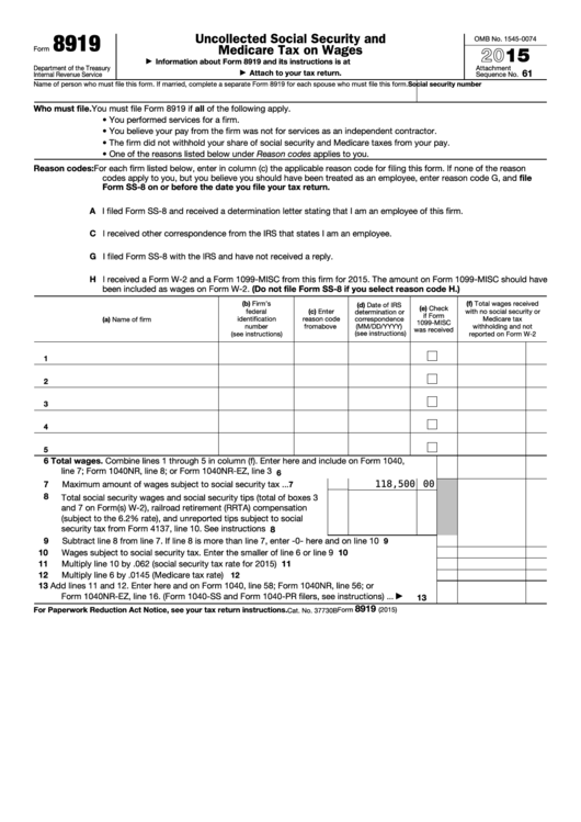 Fillable Form 8919 - Uncollected Social Security And Medicare Tax On Wages - 2015 Printable pdf