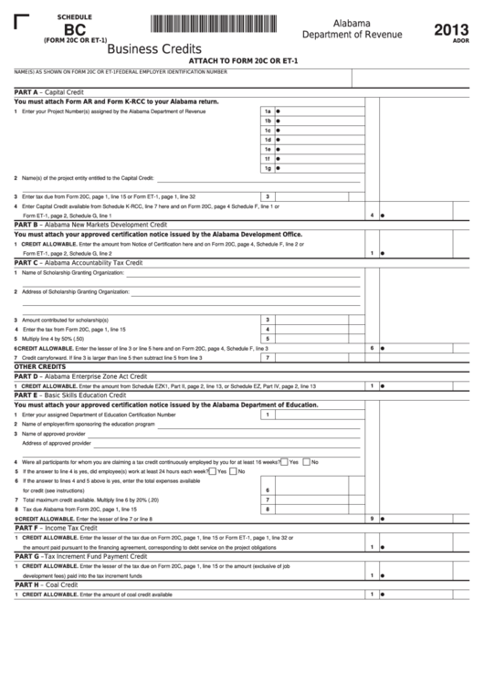Fillable Form 20c Or Et-1 - Schedule Bc - Business Credits - 2013 Printable pdf
