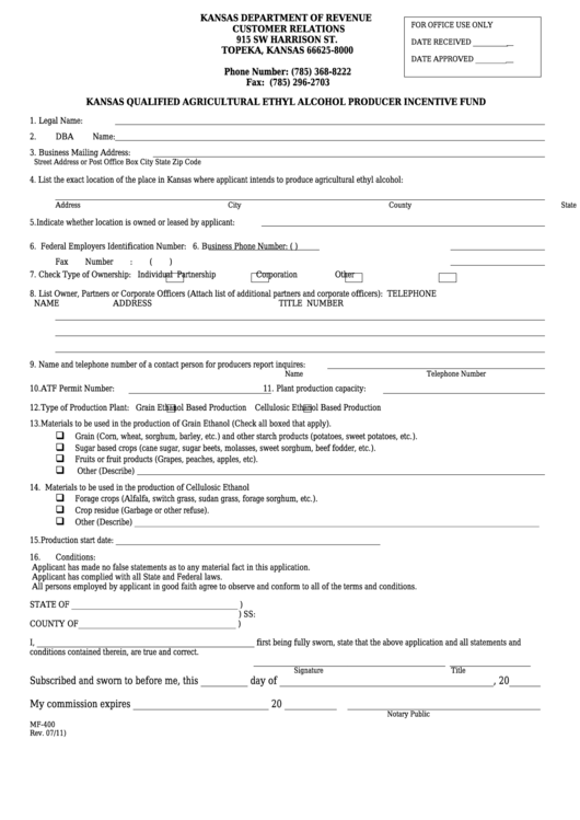 Form Mf-400 - Kansas Qualified Agricultural Ethyl Alcohol Producer Incentive Fund Printable pdf
