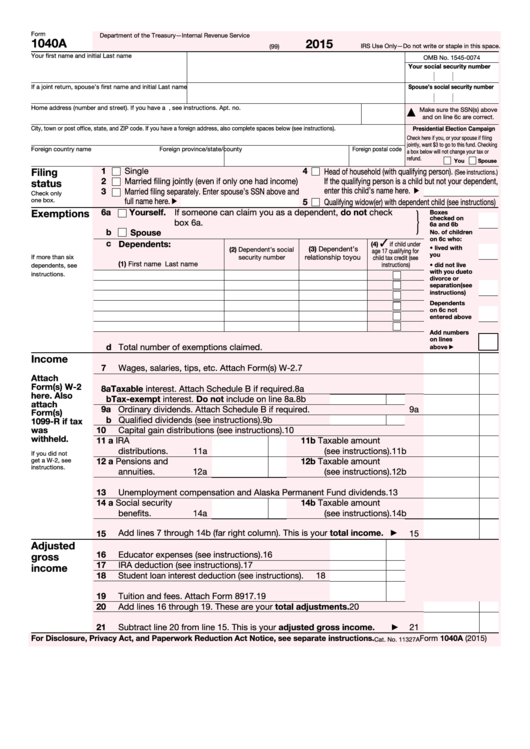 Fillable Form 1040a U s Individual Income Tax Return 2015 Printable Pdf Download