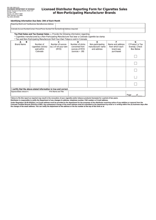 Fillable Form Dr 1285 - Licensed Distributor Reporting Form For Cigarettes Sales Of Non-Participating Manufacturer Brands Printable pdf