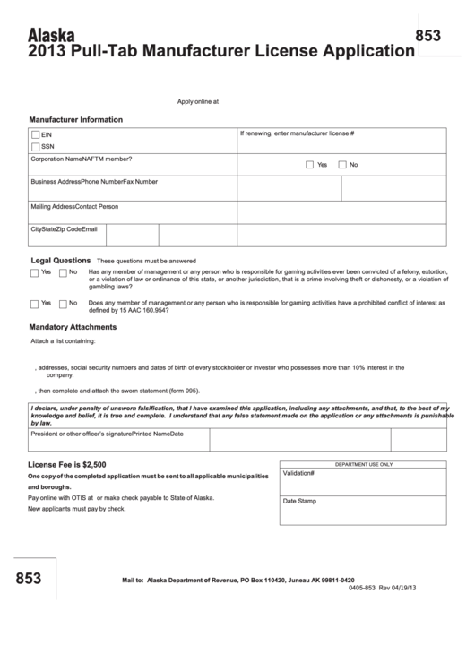 Fillable Form 853 - Pull-Tab Manufacturer License Application - 2013 Printable pdf