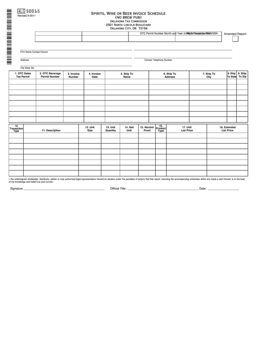 Fillable Form Alc 50015 - Spirits, Wine Or Beer Invoice Schedule (No Brew Pub) Printable pdf