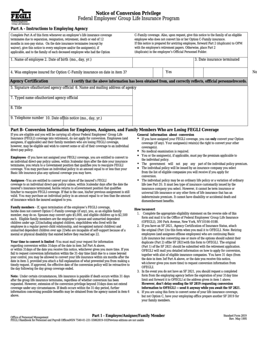 Fillable Standard Form 2819 - Notice Of Conversion Privilege Printable pdf