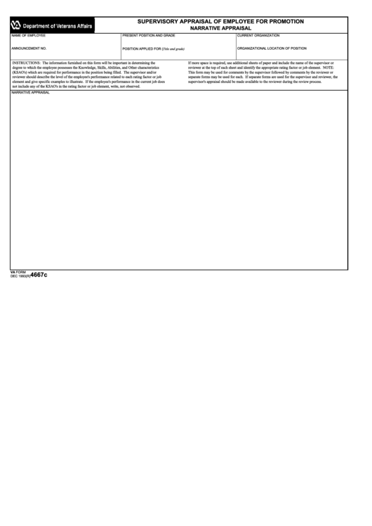 Fillable Va Form 4667c - Supervisory Appraisal Of Employee For Promotion Printable pdf