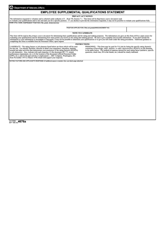Fillable Va Form 4676a - Employee Supplemental Qualifications Statement Printable pdf