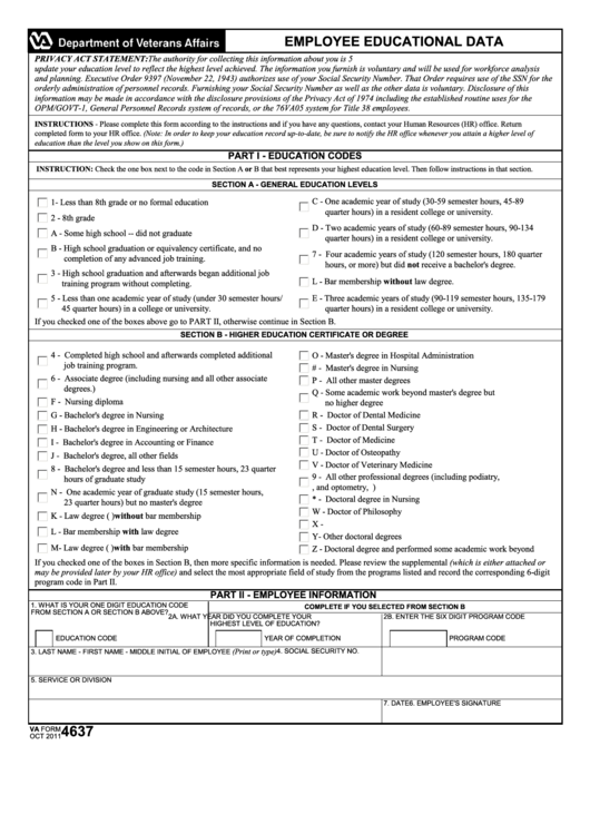 Fillable Va Form 4637 - Employee Educational Data Printable pdf