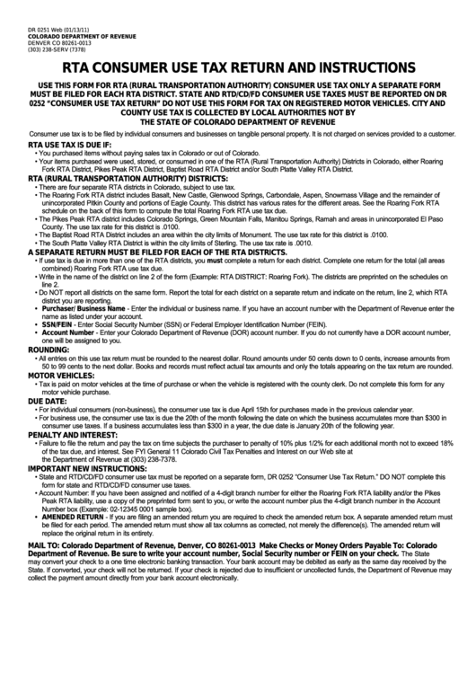 Form Dr 0251 - Rta Consumer Use Tax Return And Instructions Printable pdf