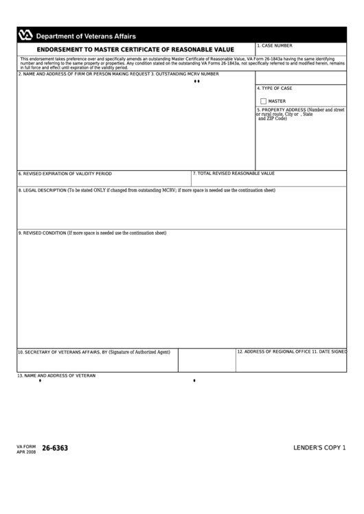 Fillable Va Form 26-6363 - Endorsement To Master Certificate Of Reasonable Value Printable pdf
