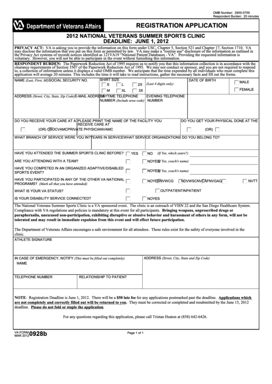 Fillable Va Form 0928b - National Veterans Summer Sports Clinic Registration Application - 2012 Printable pdf
