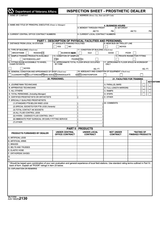 Fillable Va Form 2130 - Inspection Sheet - Prosthetic Dealer Printable pdf