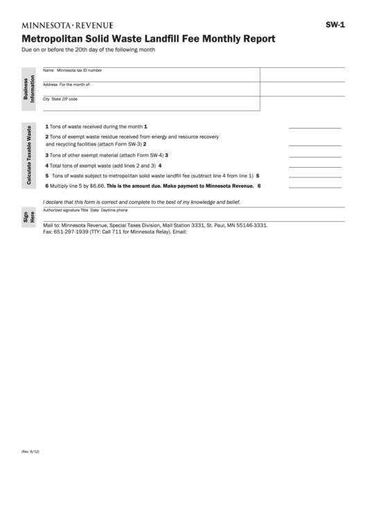 Fillable Form Sw-1 - Metropolitan Solid Waste Landfill Fee Monthly Report Printable pdf