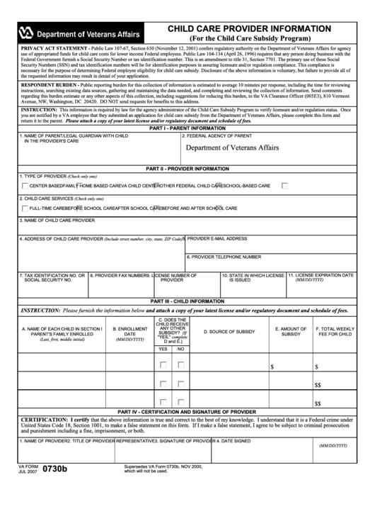 Fillable Va Form 0730b - Child Care Provider Information Printable pdf