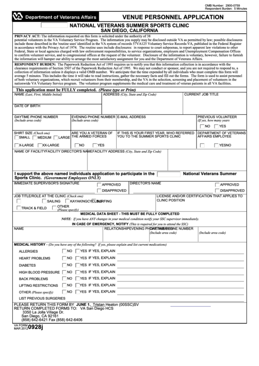 Fillable Va Form 0928j - Venue Personnel Application Printable pdf