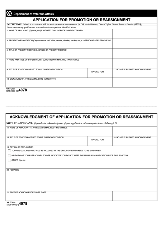 Fillable Va Form 4078 - Application For Promotion Or Reassignment Printable pdf