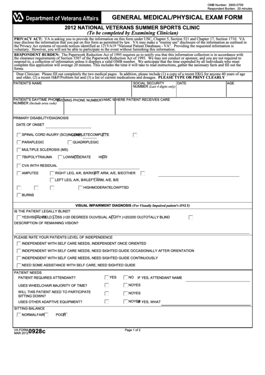 Fillable Va Form 0928c - National Veterans Summer Sports Clinic General Medical/physical Exam Form - 2012 Printable pdf