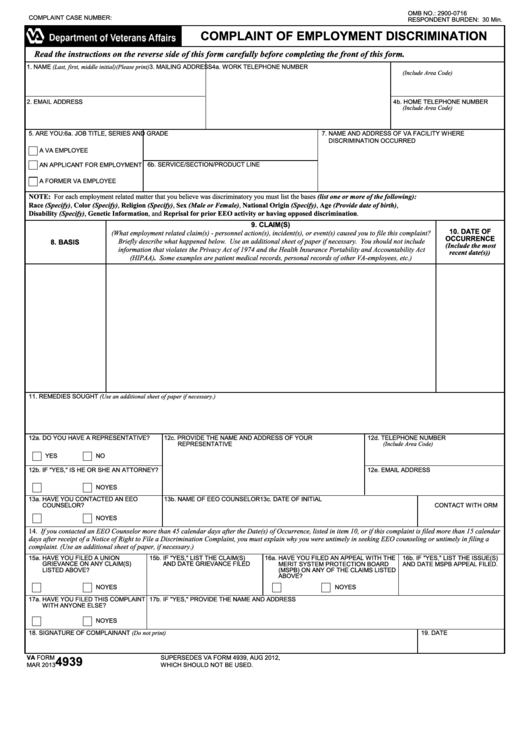 Fillable Va Form 4939 - Complaint Of Employment Discrimination Printable pdf