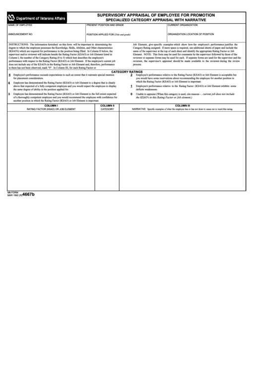 Fillable Va Form 4667b - Supervisory Appraisal Of Employee For Promotion Printable pdf