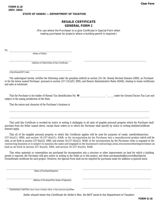 Form G-18 - Resale Certificate General Form 2