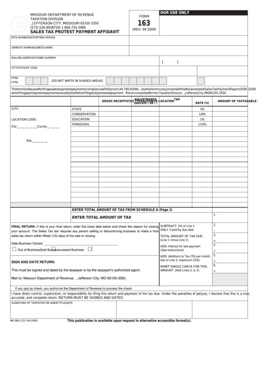 Fillable Form 163 - Sales Tax Protest Payment Affidavit Printable pdf