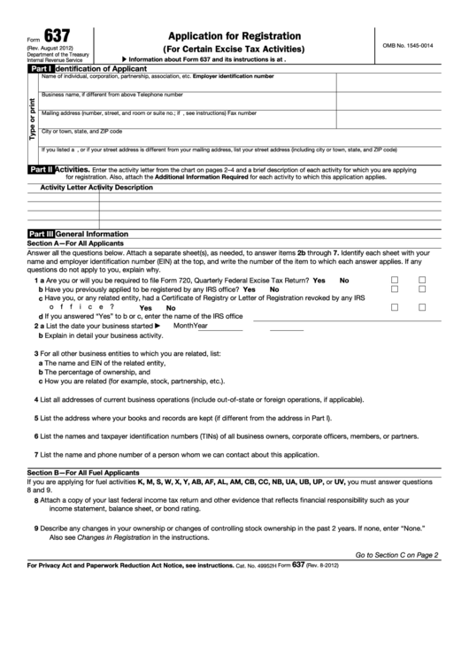 Fillable Form 637 - Application For Registration (For Certain Excise Tax Activities) Printable pdf