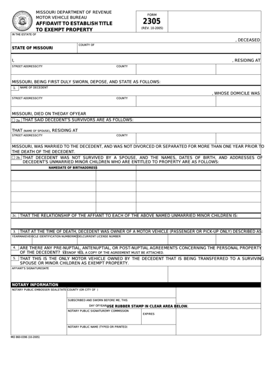 Fillable Form 2305 - Affidavit To Establish Title To Exempt Property Printable pdf