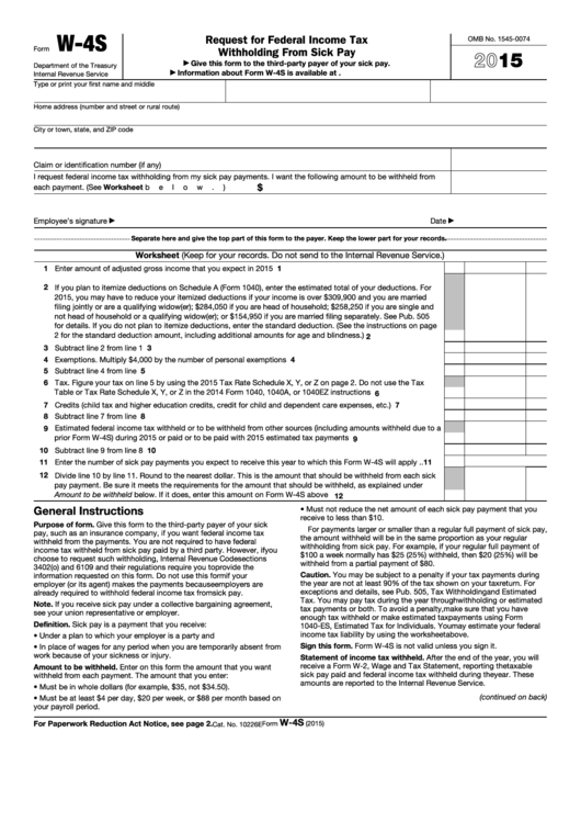 Fillable Form W-4s - Request For Federal Income Tax Withholding From Sick Pay - 2015 Printable pdf