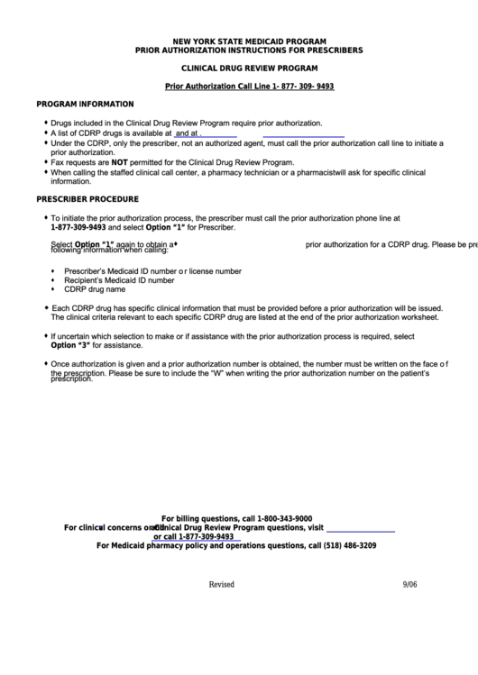 Prior Authorization Worksheet For Prescribers Clinical Drug Review Program - New York State Medicaid Program Printable pdf