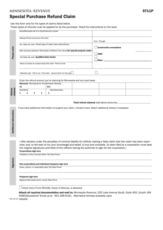 Fillable Form St11p - Special Purchase Refund Claim Printable pdf