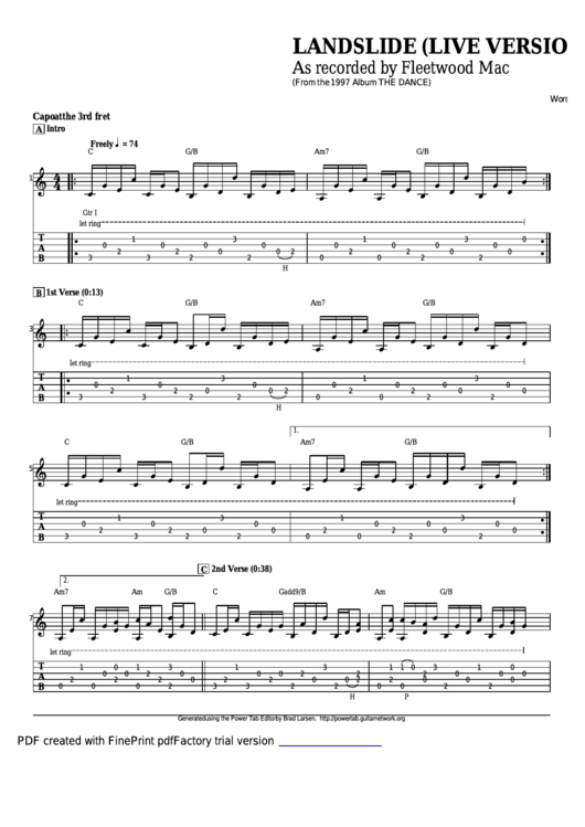 Fillable Landslide (Live Version) Sheet Music Printable pdf