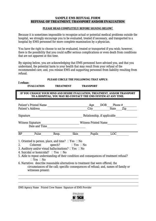 Fillable Form Sample Ems Refusal Form Refusal Of Treatment, Transport And/or Evaluation Printable pdf
