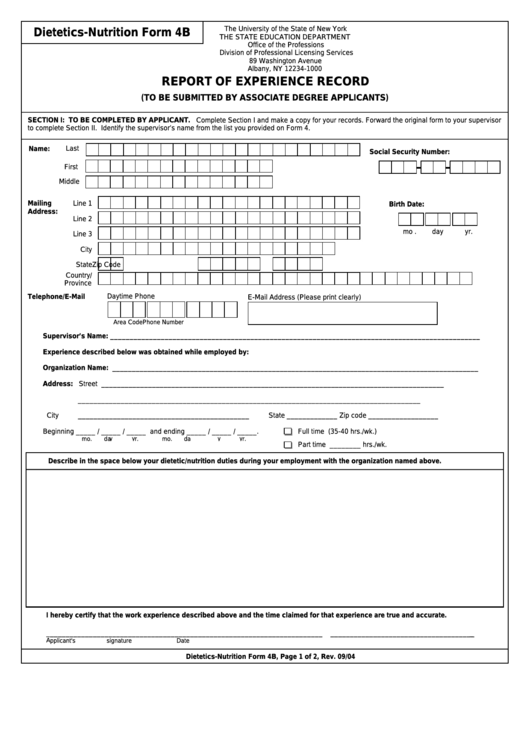 Dietetics And Nutrition Form 4b - Report Of Experience Record Printable pdf