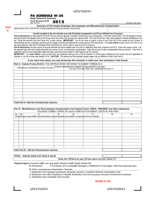 Fillable Form Pa-40 - Pa Schedule W-2s - Wage Statement Summary - 2012 Printable pdf