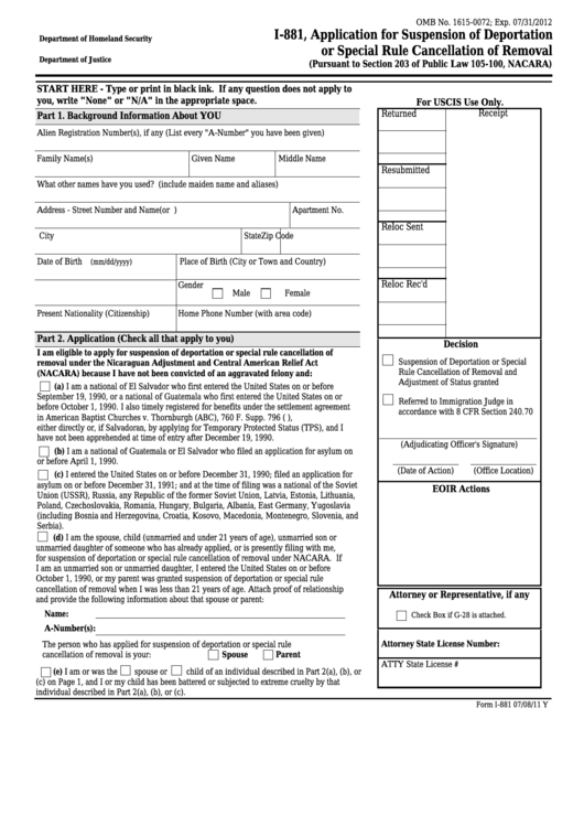 Fillable Form I-881 - Application For Suspension Of Deportation Or Special Rule Cancellation Of Removal Printable pdf