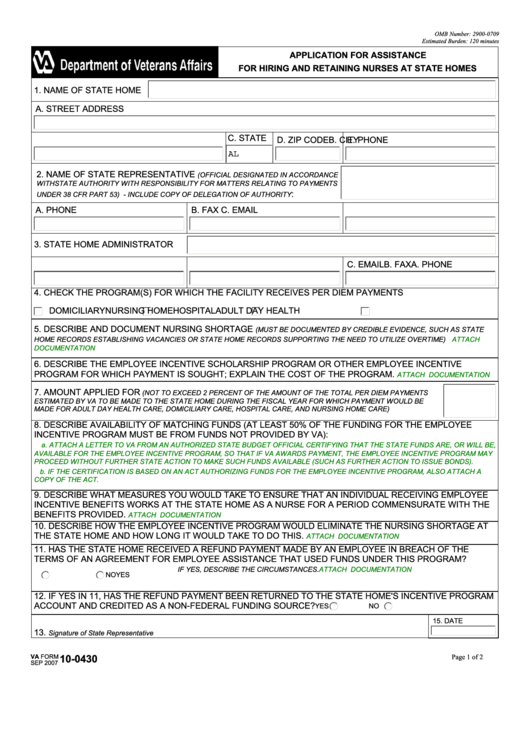 Fillable Va Form 10-0430 - Application For Assistance For Hiring And Retaining Nurses At State Homes Printable pdf