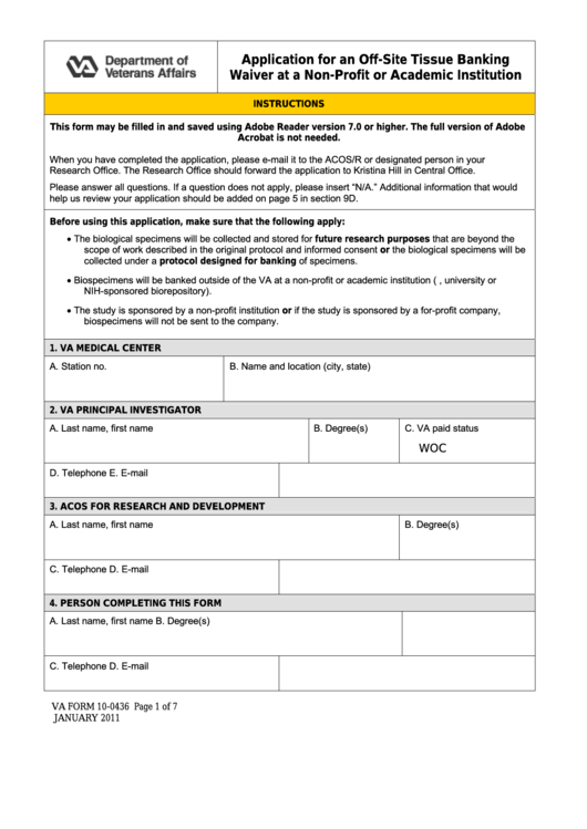Fillable Va Form 10-0436 - Application For An Off-Site Tissue Banking Waiver At A Non-Profit Or Academic Institution Printable pdf